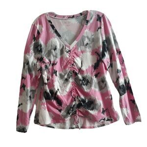 New Directions Weekend T Shirt Top Womens Large Pink Black Tie-dye Gathered Det